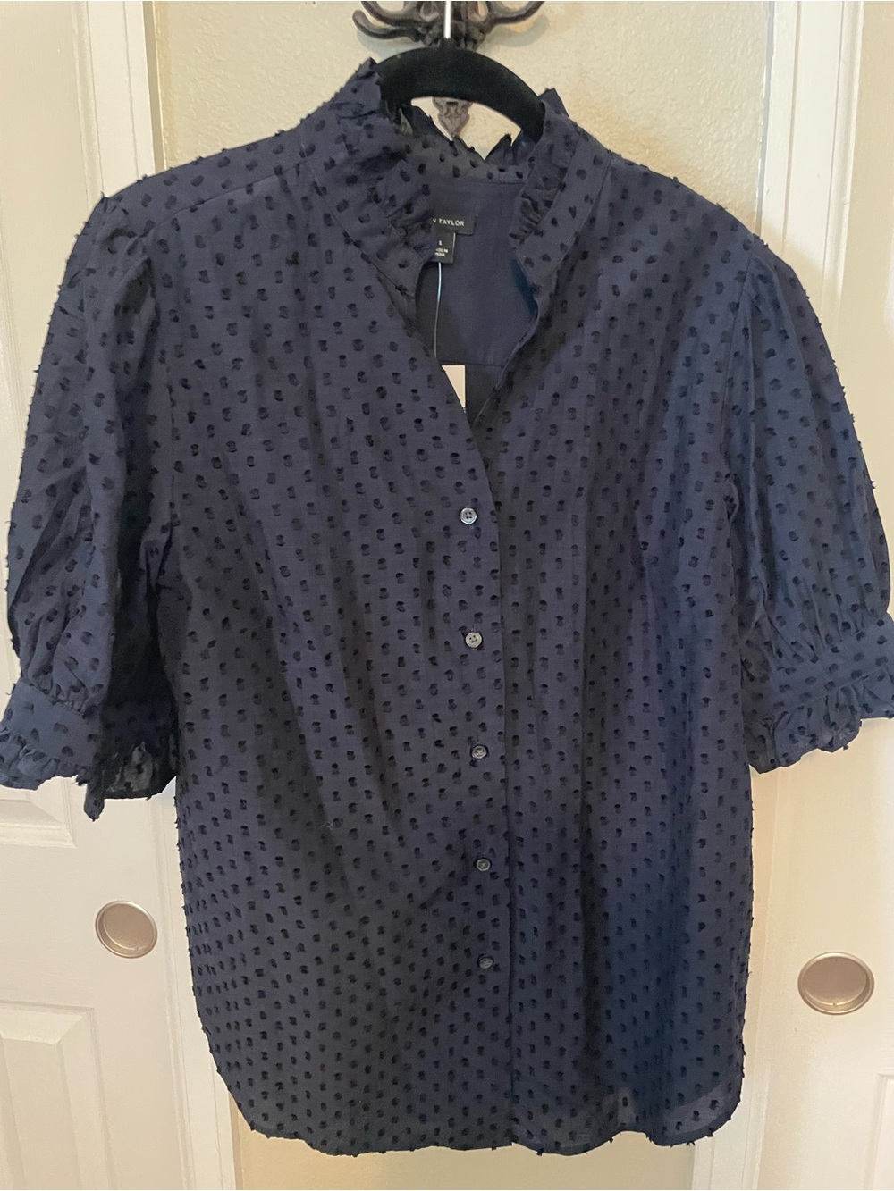 Ann Taylor Swiss Dot Navy Button-Up Blouse